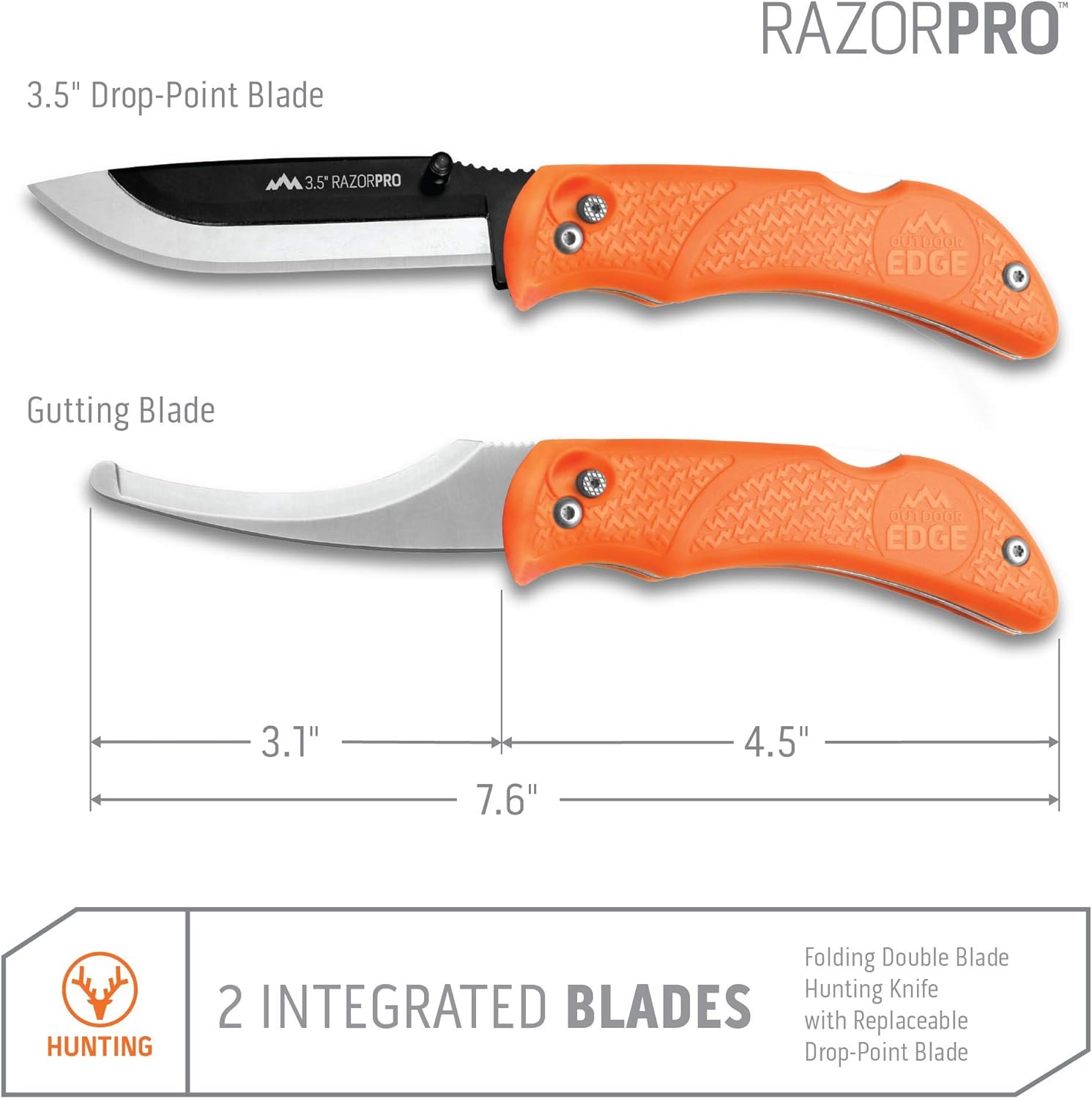 Outdoor Edge RazorPro - Double Blade Folding Hunting Knife with Replaceable Razor Blade, Gutting Blade and Camo Nylon Sheath (Orange, 6 Blades): Sports & Outdoors