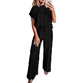 KIRUNDO 2 Piece Sets for Women Dressy Casual Ribbed Knit Short Sleeve Tops Wide Leg Pants Lounge Set Travel Airport Outfits