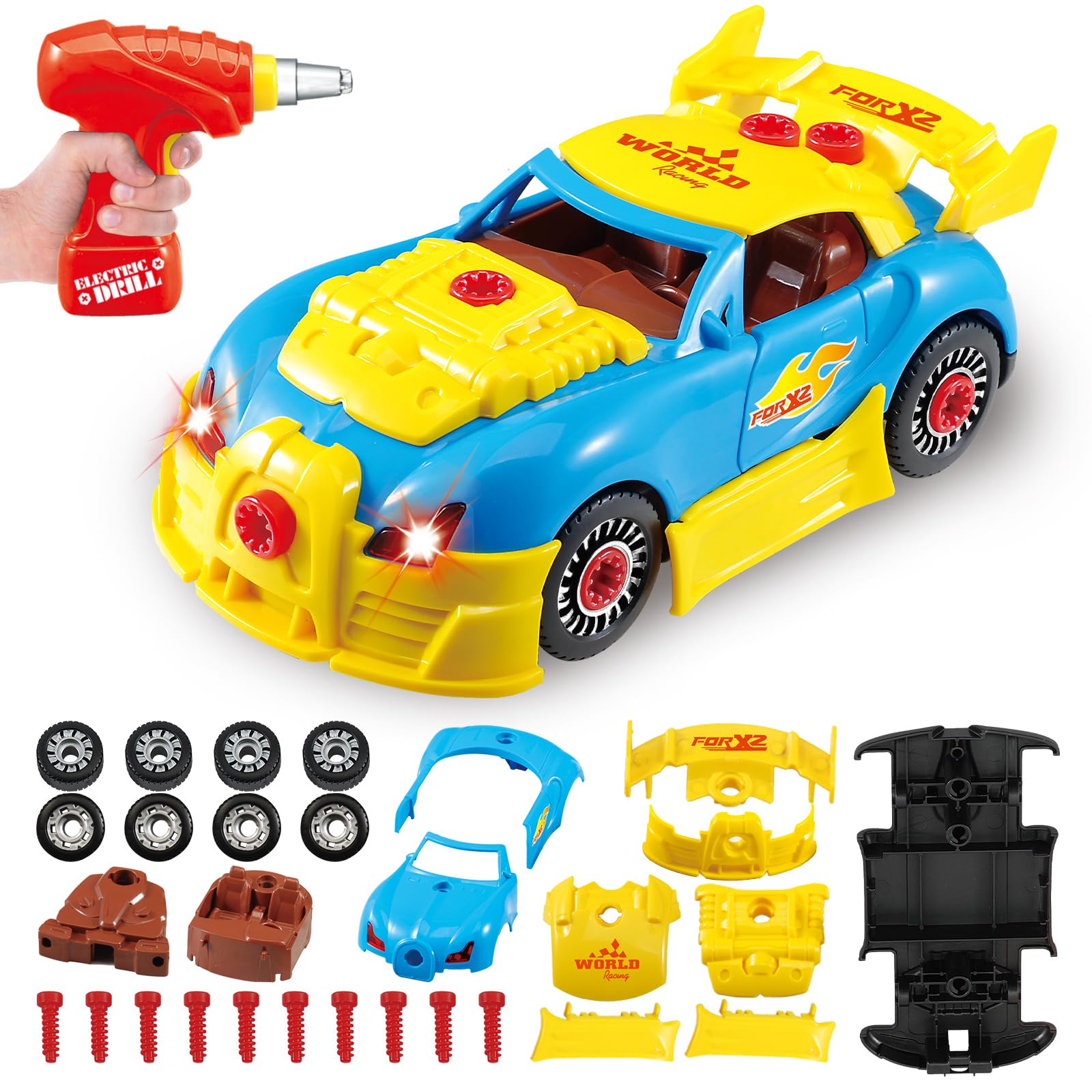 Pup Go Take Apart Racing Car Toy, Kids Construction Toys with Lights & Sounds for Boys Age 3+ Year Old, 30 Pieces Building Toys with Electric Drill Tool & 4 Spare Screws, Easy to Build Your Own Car