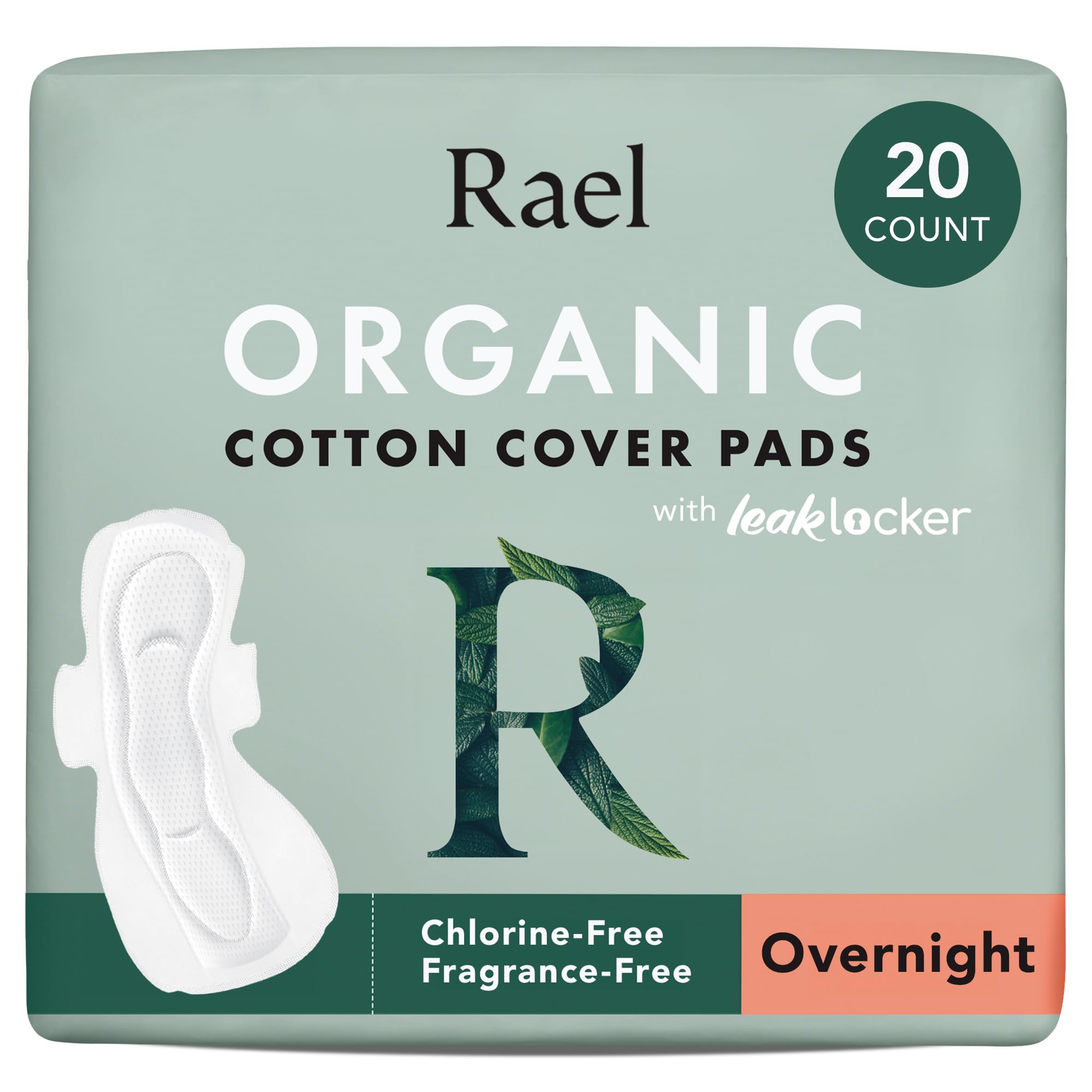 Rael Organic Cotton Cover Sanitary Towels - Heavy Absorbency for Night, Ultra Thin Period Pads with Wings for Women, Unscented, Hypoallergenic, Vegan (Overnight, 20 Count)