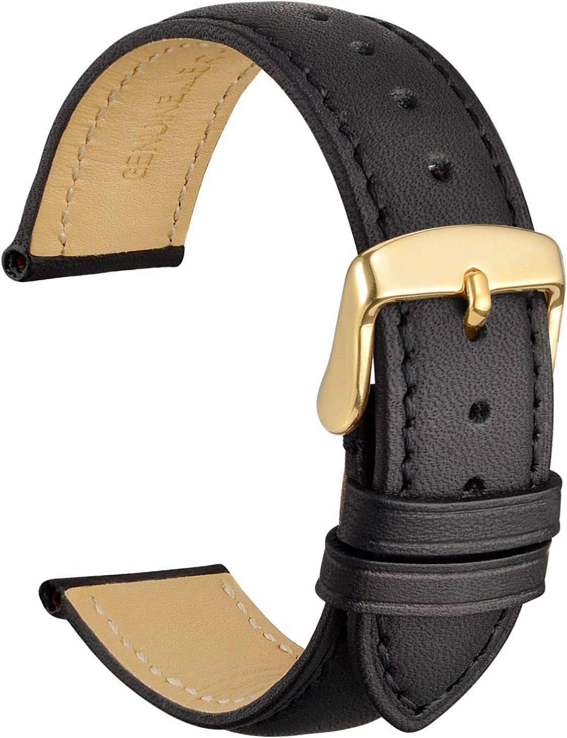 Vintage Leather Watch Bands with Stainless Steel Golden Buckle, Replacement Strap, Band with 14mm 16mm 18mm 19mm 20mm 21mm 22mm 23mm 24mm, Black / Tone on Tone Stitch, 18mm - 11/16", Retro