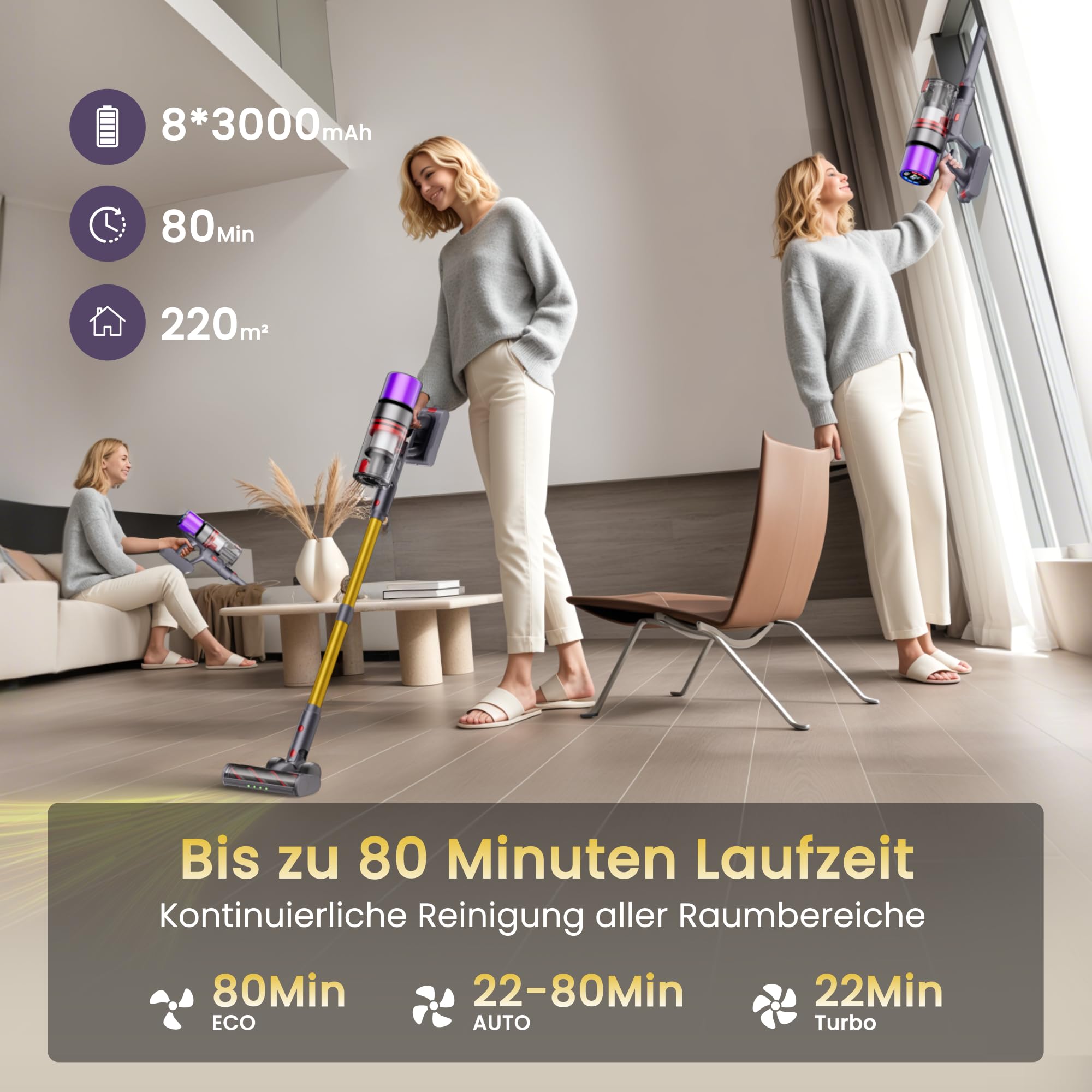 ISWEEPR X7 Akku Staubsauger 55Kpa/600W/80Min, Staubsauger Kabellos mit LED Display, Akkustaubsauger Selbstladender, Anti-Tangle-Bürste, Automatikmodus für Teppich Tierhaare Hartböden 3