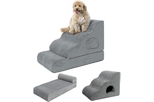 YU YUSING Dog Stairs for Small Dogs 19.7" H, 4-Step Dog Steps for High Bed, High-Density Foam Curved Pet Stairs with Non-Slip Removable Washable Cover to Get on Bed