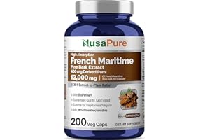 NusaPure French Maritime Pine Bark 30:1 Extract, 400 mg Equivalent to 12,000 mg Per Veggie Caps 200-Day Supply, Bioperine (Non-GMO & Vegan)