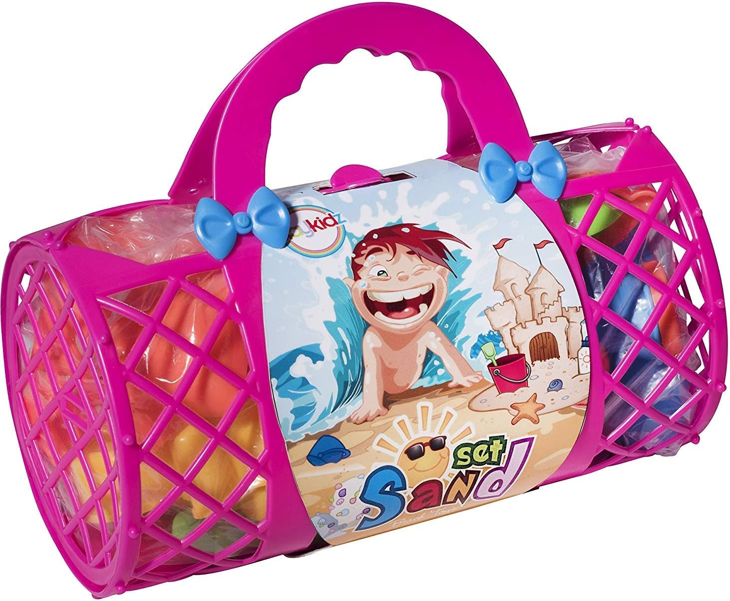 Beach Toys Mega Pack - Bulk Beach & Sandbox Play Set w/ Unique Crab, Shell & Sea Life Sand Molds, Shovel, Rake, Watering Can & Bonus Basket Carry Bag w/ Handles - Available in Pink or Blue