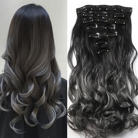 Neverland Ombre Haar Extensions Clip in haar extensions haarverlängerung clips 7pcs Natural Schwarz Dunkelgrau
