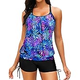 Yonique Womens Blouson Tankini Swimsuits Two Piece Strappy Bathing Suit Tops with Shorts Criss Cross Swimwear