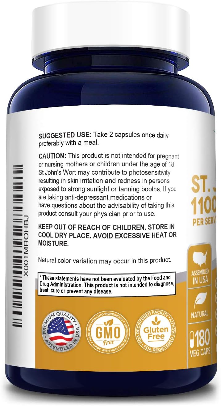 St. John's Wort 1100mg 180 Veggie Capsules (Non-GMO & Gluten Free) 1950mcg Hypericin Saint Johns Wort for Mood, Anxiety & Depression Support (550mg per Capsule): Health & Personal Care