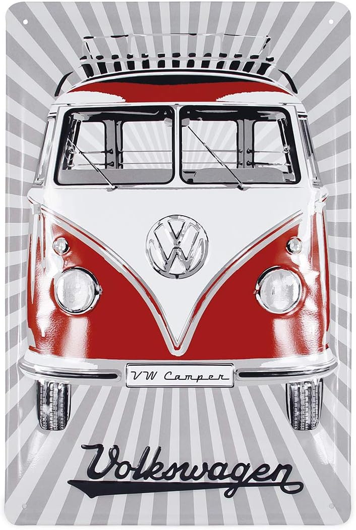 BRISA VW Collection - Volkswagen Retro Metal Sign with VW Samba Bus T1 Camper Van Vintage Design, VW Collector's Item, Gift Idea, Vintage Decoration (Samba Stripes/Red/7.8x11.8 Inches)