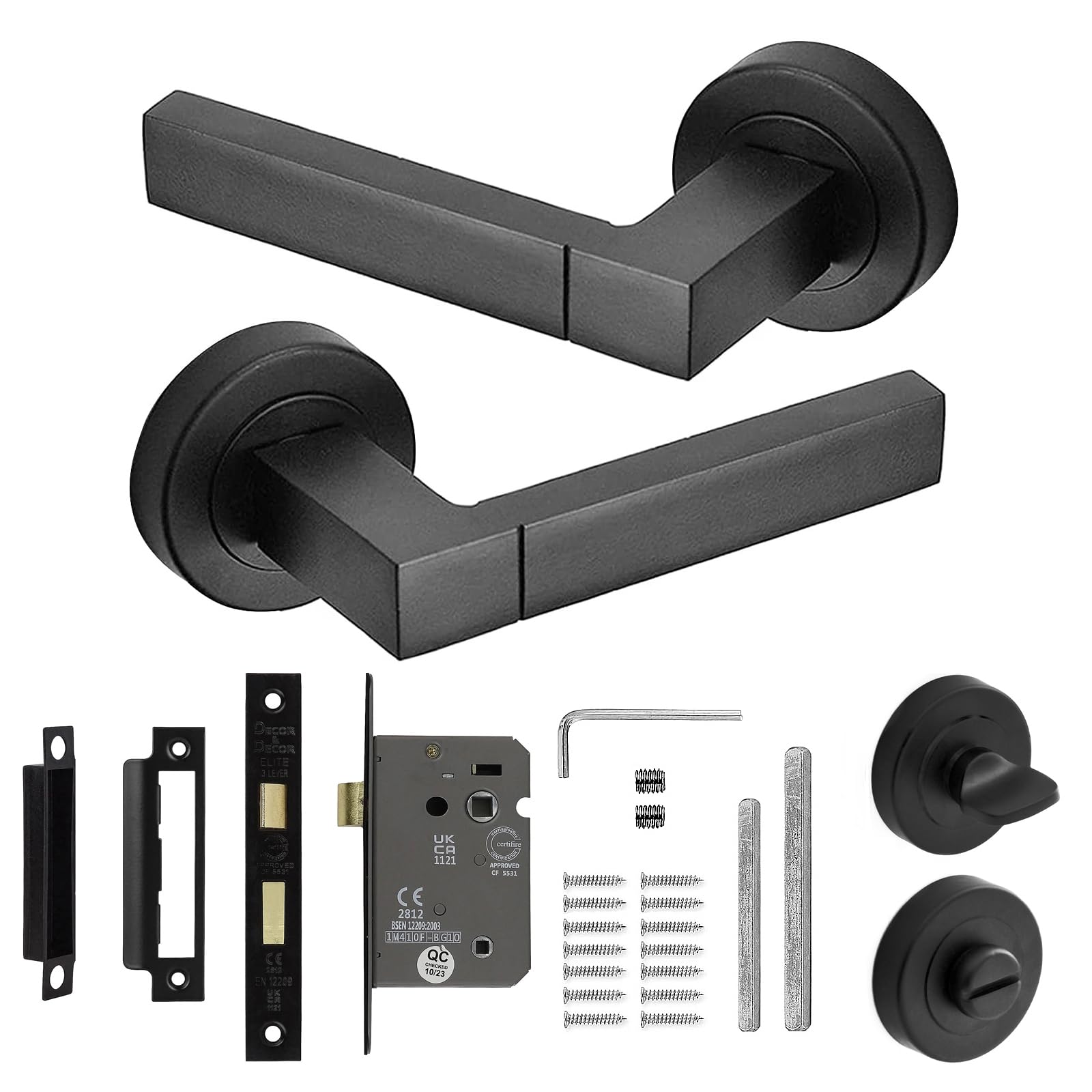 Decoranddecor Lumina Matt Black Internal Door Handles – Aluminium Handle Sets with Bathroom Lock and Turn Release – Sleek Design for Modern Interior Doors
