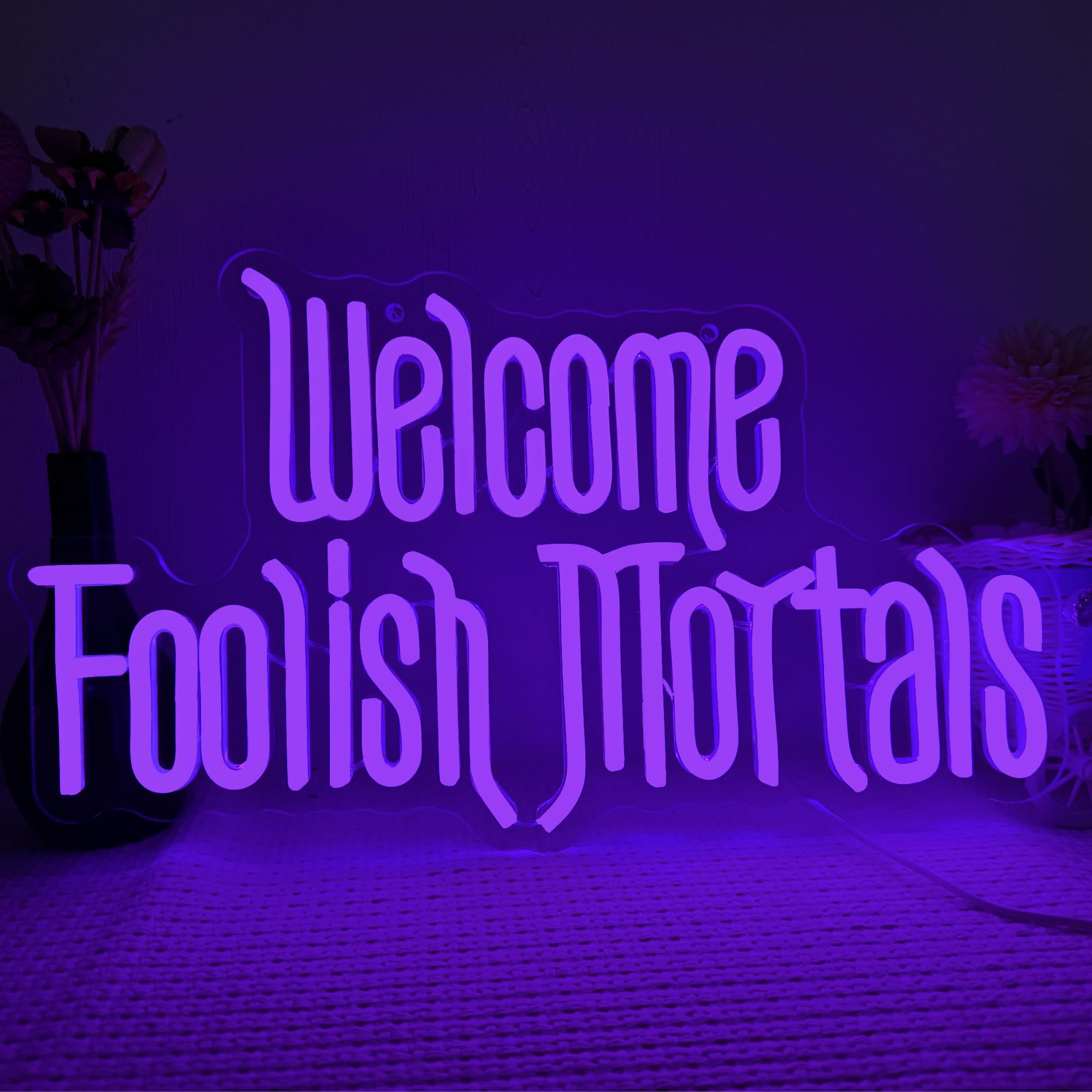 Photo 1 of Welcome Foolish Mortals Neon Sign,Dimmable Spooky Gothic Haunted Mansion Decor Coffin LED Neon Signs for Wall Decor,USB Powered Led Neon Light for Party Haunted House Man Cave Birthday Christmas Gifts(16.1*9.4in) (Purple)