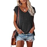 BLACKMYTH Women's Summer V-Neck T-Shirts Cap Sleeve Tees Solid Color Casual Basic Tops