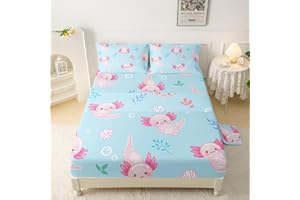 QOOMO Kawaii Marine Life Silky Soft Microfiber Bed Sheets Cute Axolotl Super Soft Kids Bedding Set Blue Ocean Breathable Room Decoration Twin Size 1 Fitted Sheet, 1 Flat Sheet, 2 Pillow Cases