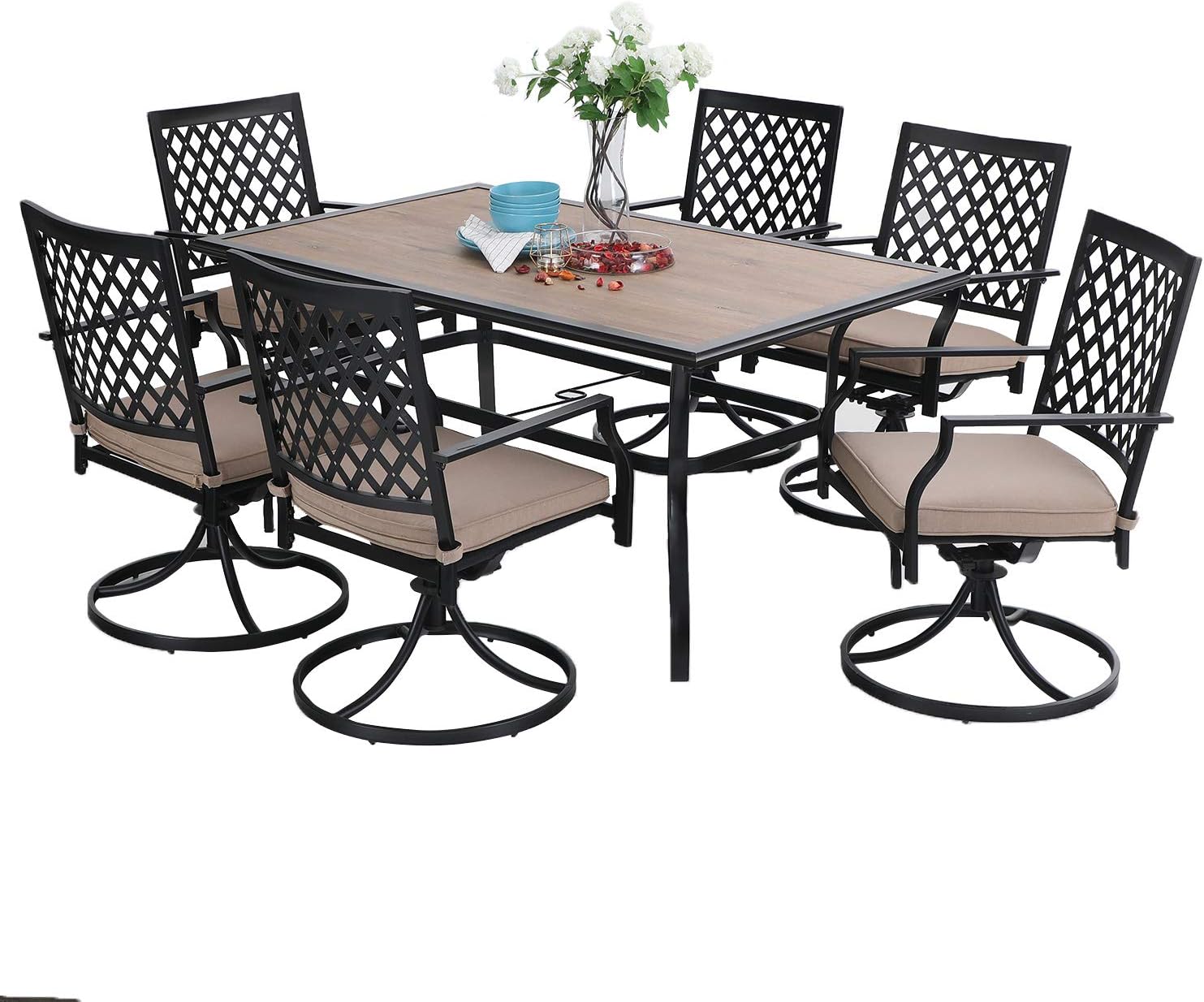 Amazon Com Sophia William Outdoor Patio Dining Set 7 Pieces Metal Furniture Set 6 X Swivel Chairs With 1 Rectangular Wood Like Umbrella Table For Outdoor Lawn Garden Garden Outdoor