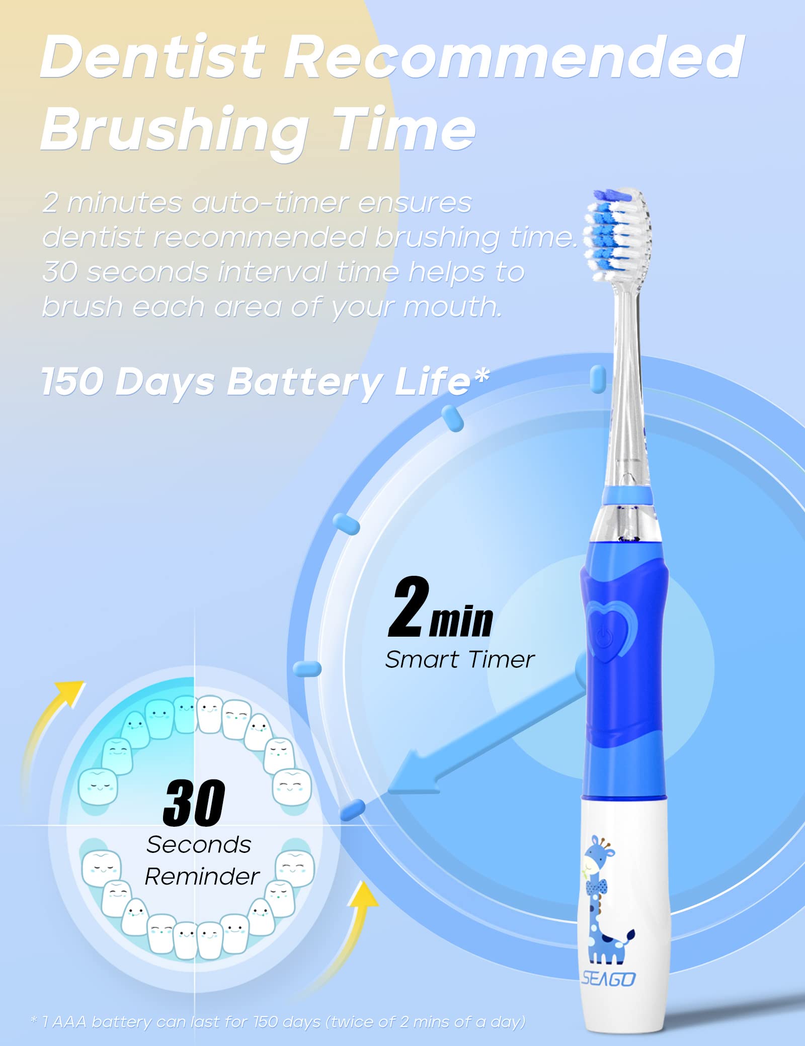 SEAGO Kids Electric Toothbrush with 2 Mins Brushing Timer and 4 Replacement Bursh Heads, Rainbow LED Light Make Brushing Fun, Blue Color Boys Battery Powerd Toothbrush for 4-12 Years Old，SG-977