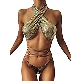 JUMISEE Women's Neon Shiny Hologram Strappy Bikini Sexy Halter Wrap Around Swimwear Thong Bathing Suit for Rave Party