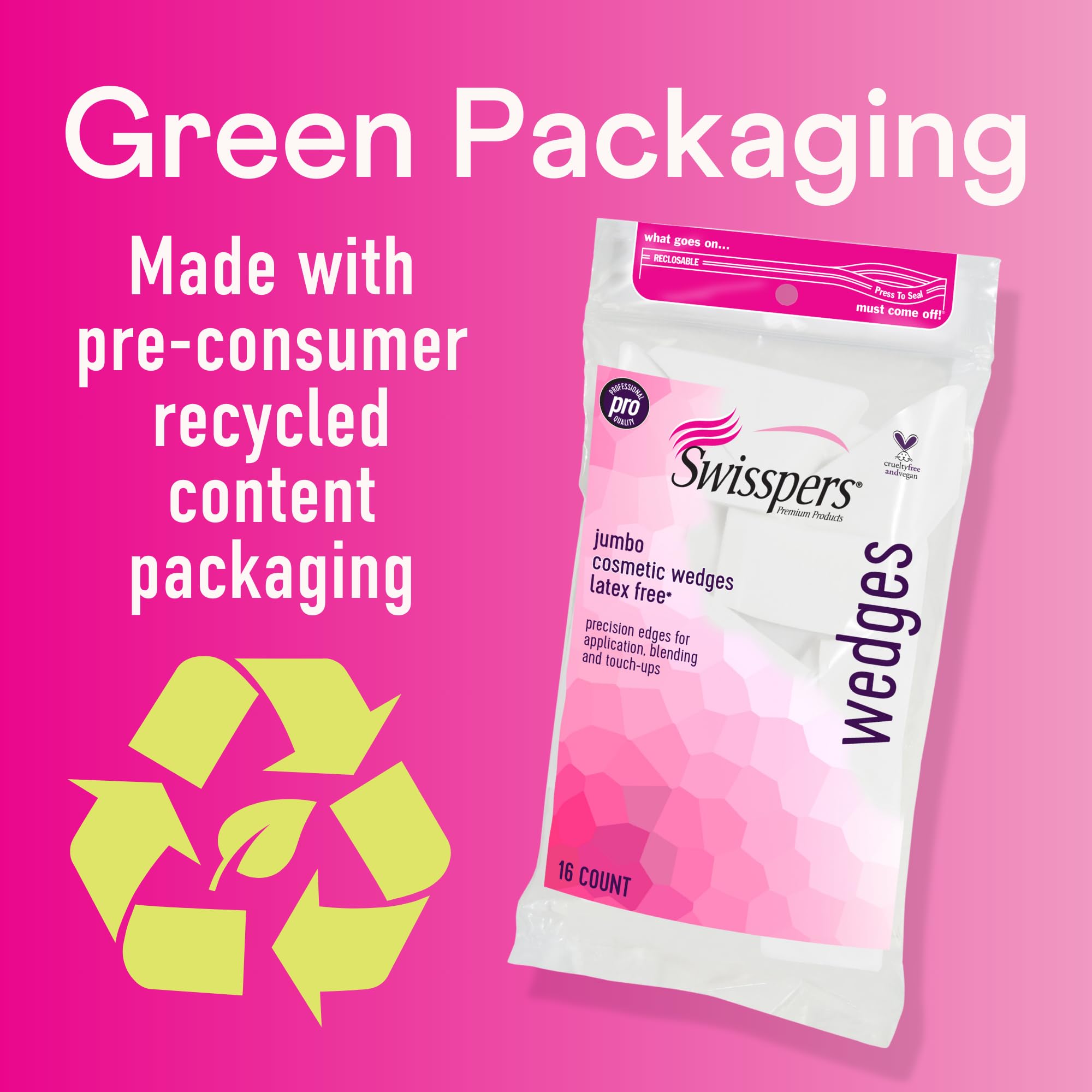 Swisspers Premium Pro Cosmetic Wedges, Latex-Free Makeup Wedge, Jumbo Size, 16 Count Bag