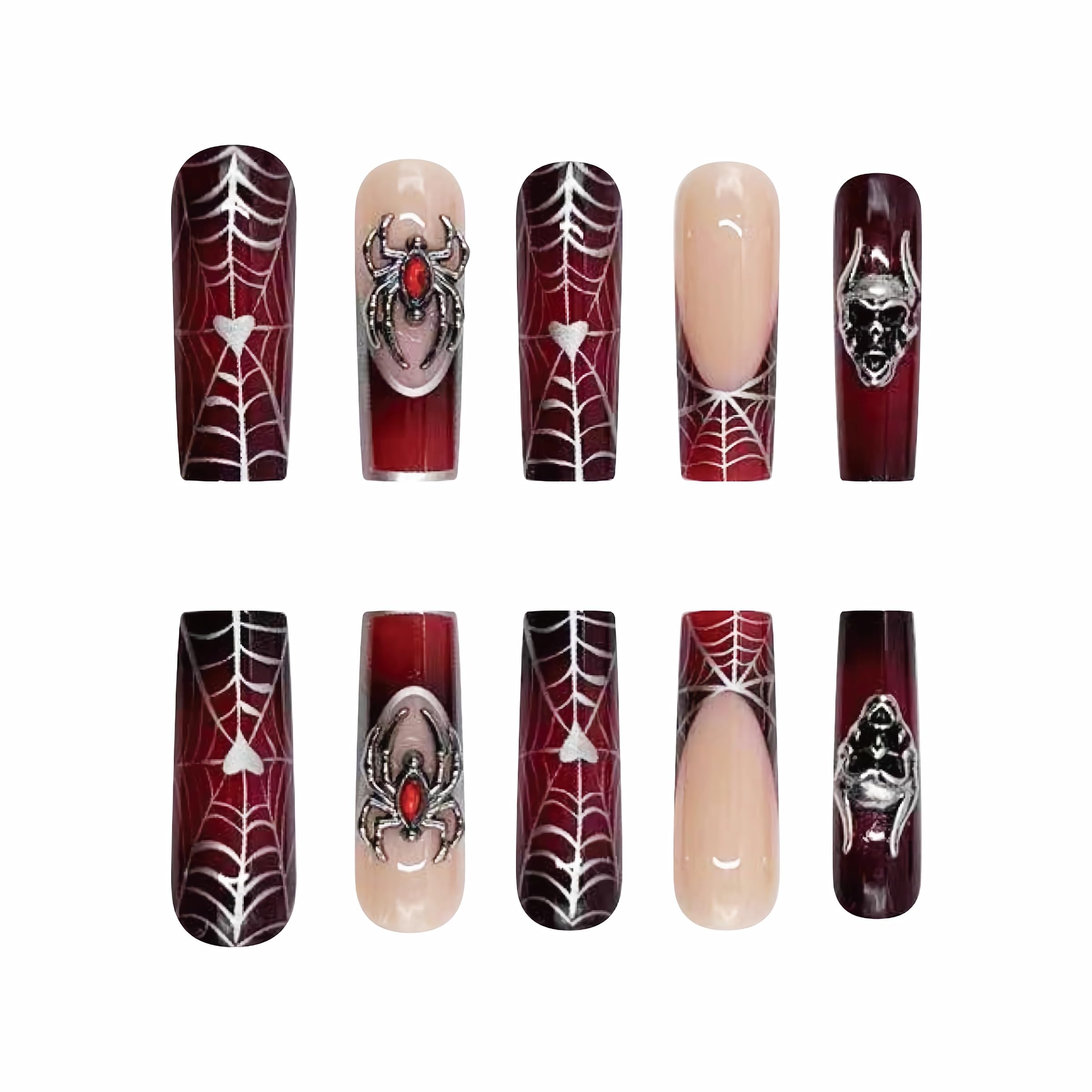 BABALAL Press on Nails Long Square Fake Nails Dark Black Red Glue ons Nails Metallic Spider Skull Charm Design Halloween Acrylic Nails 24Pcs Luxury Goth Squoval False Nails - Image 2