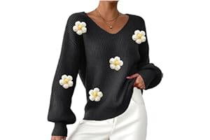 Womens Fall Sweaters Cute Flower Long Sleeve V Neck Sweater Trendy Y2k Floral Knit Pullover Tops Loose Comfy Top