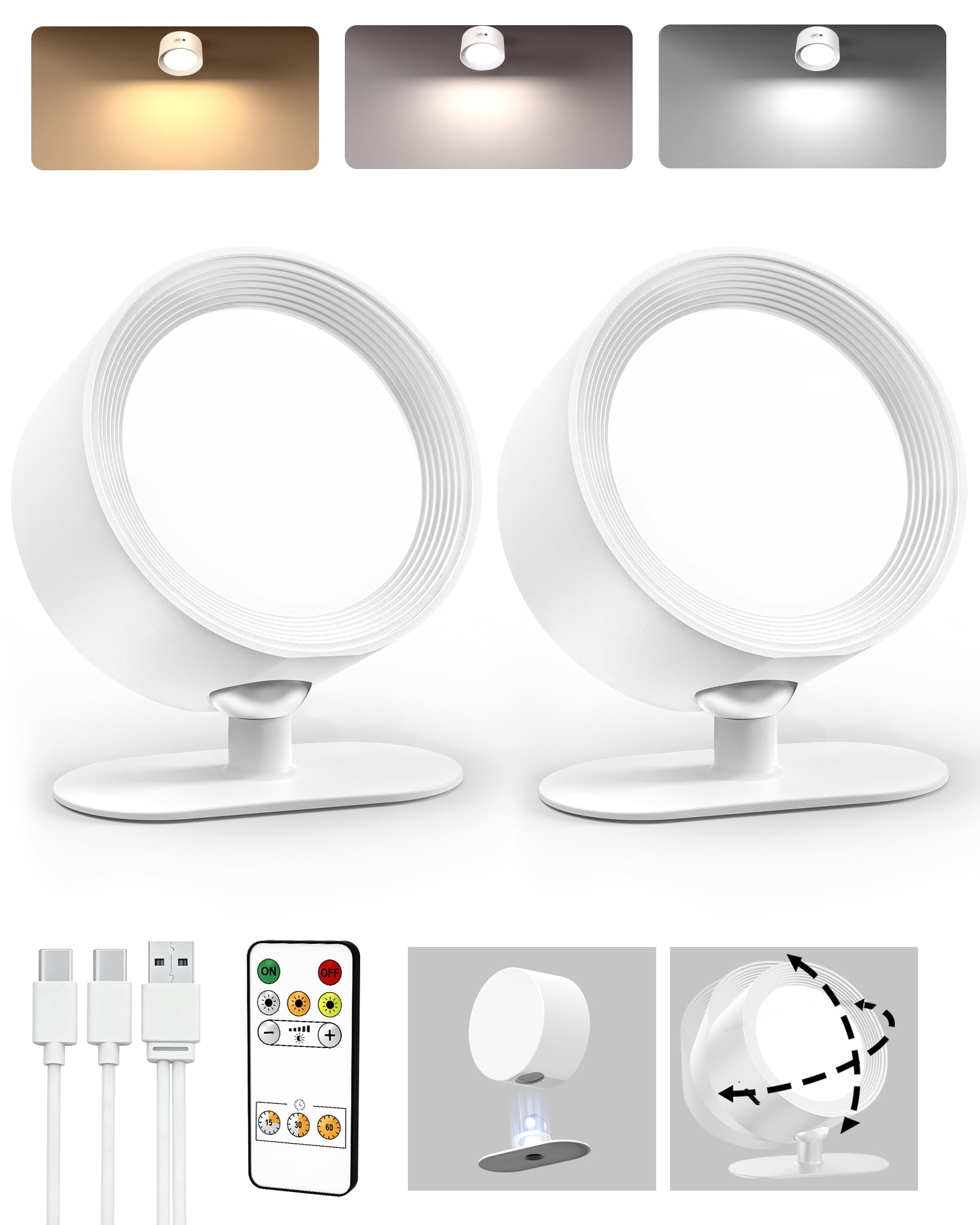 Photo 1 of AMETHEUS LED Wall Mounted Lights, Rechargeable Wall Sconces Lamp, 3 Color Temps & Remote and Touch, 360°Rotation Dimmable Cordless Wall Light for Study Bedroom Reading Bedside(White, 2 Pack)