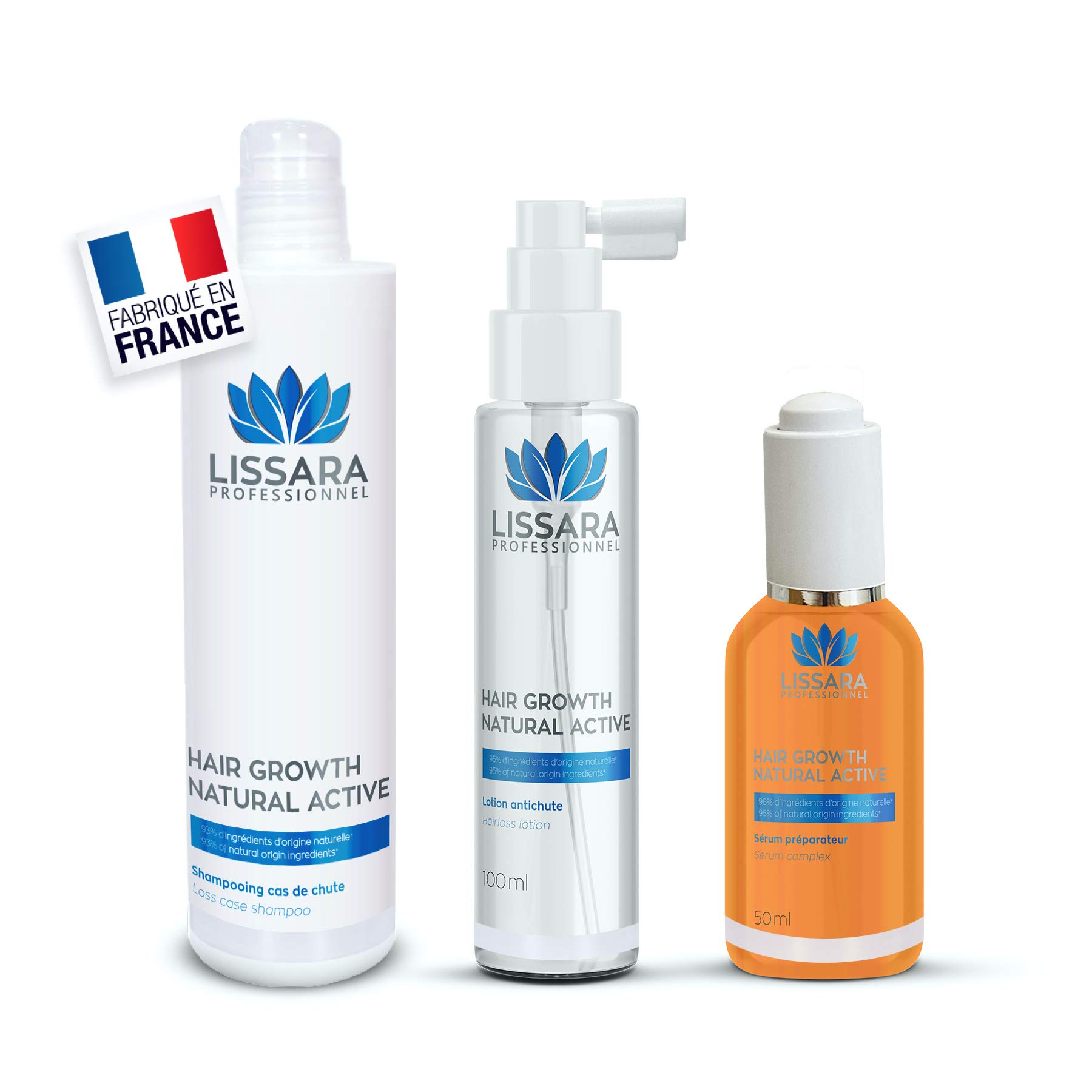 LISSARA - Anti Hair Loss Treatment with Natural Active Ingredients, Stimulates Hair Growth – Shampoo 200 ml, Lotion 100 ml, Serum 50 ml – Sulphate-free and Paraben-free - MADE IN FRANCE