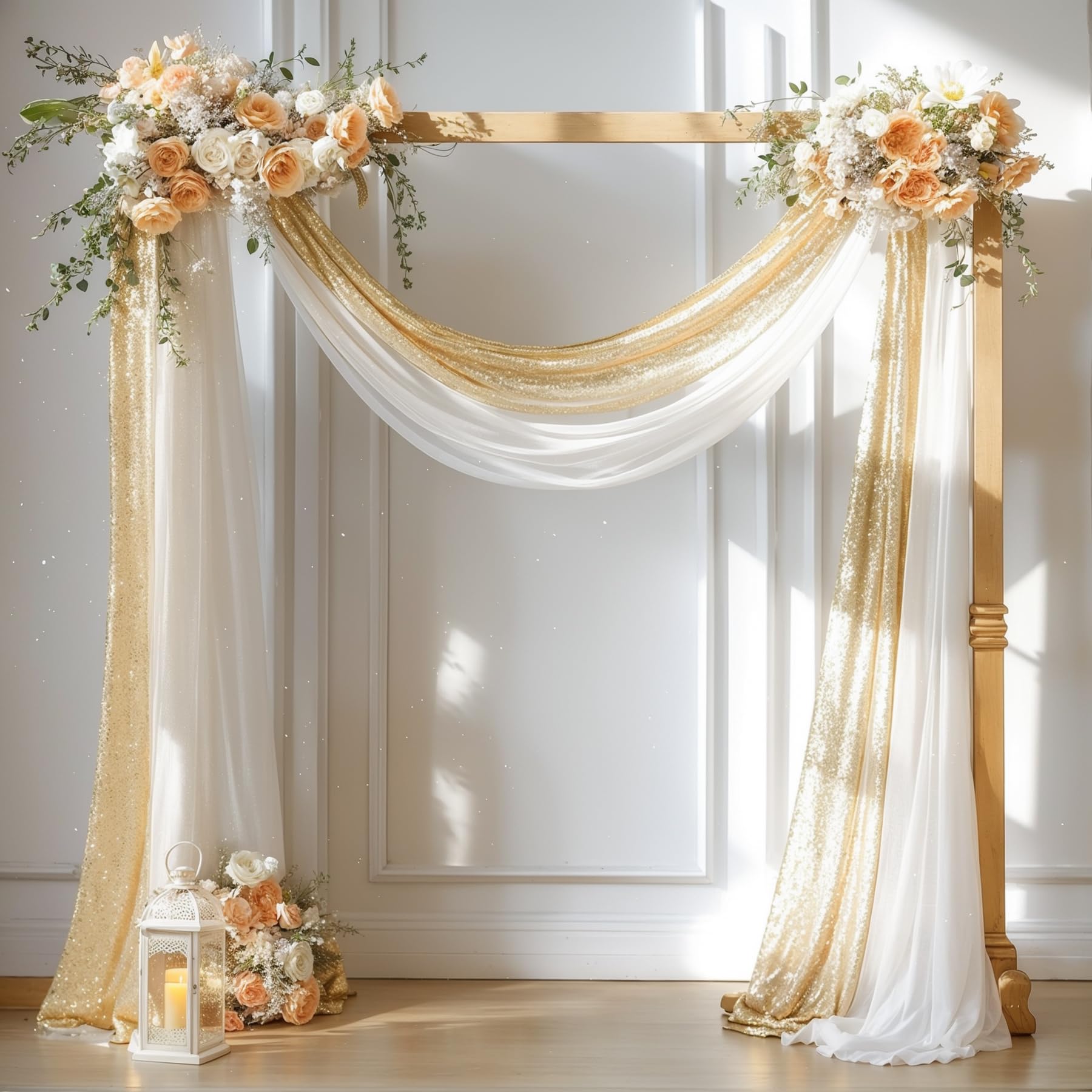 Photo 1 of (FABRIC ONLY) (BAGGED) (USED/FAIR) Wedding Arch Draping Fabric, 1 Panel 28" x19ft White Arch Drapes & 1 Panel 16" x19ft Champagne Sequin Fabric Drapes Arbor Backdrop Curtain for Wedding Arch Ceremony Bridal Shower Reception