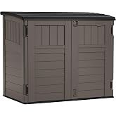 Suncast 34 Cu Ft Horizontal Storage Shed, Resin, Lockable, Stoney Black | 4' x 2.5' Portable Utility Deck and Cabinet for Tools, Equipment, and Garbage