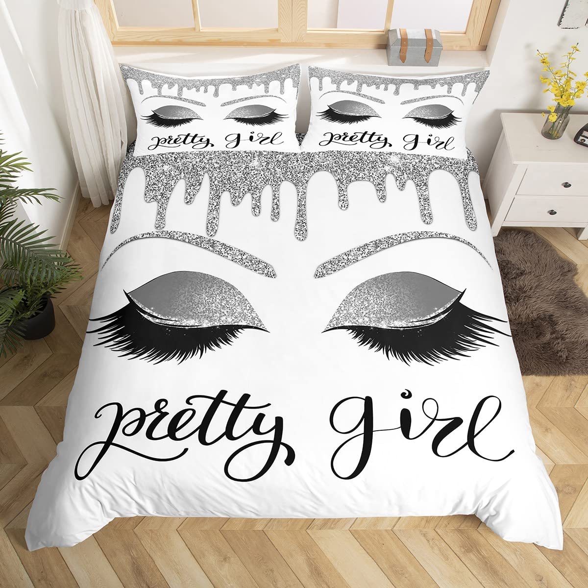 Pretty Girls Bedding Sets Double Women Gorgeous Eyelash Comforter Cover Silver White Glitter Bling Stars Sequins Decor Duvet Cover Aesthetic Room Decor,Stylish Fashion Quilt Cover 2 Pillow Cases