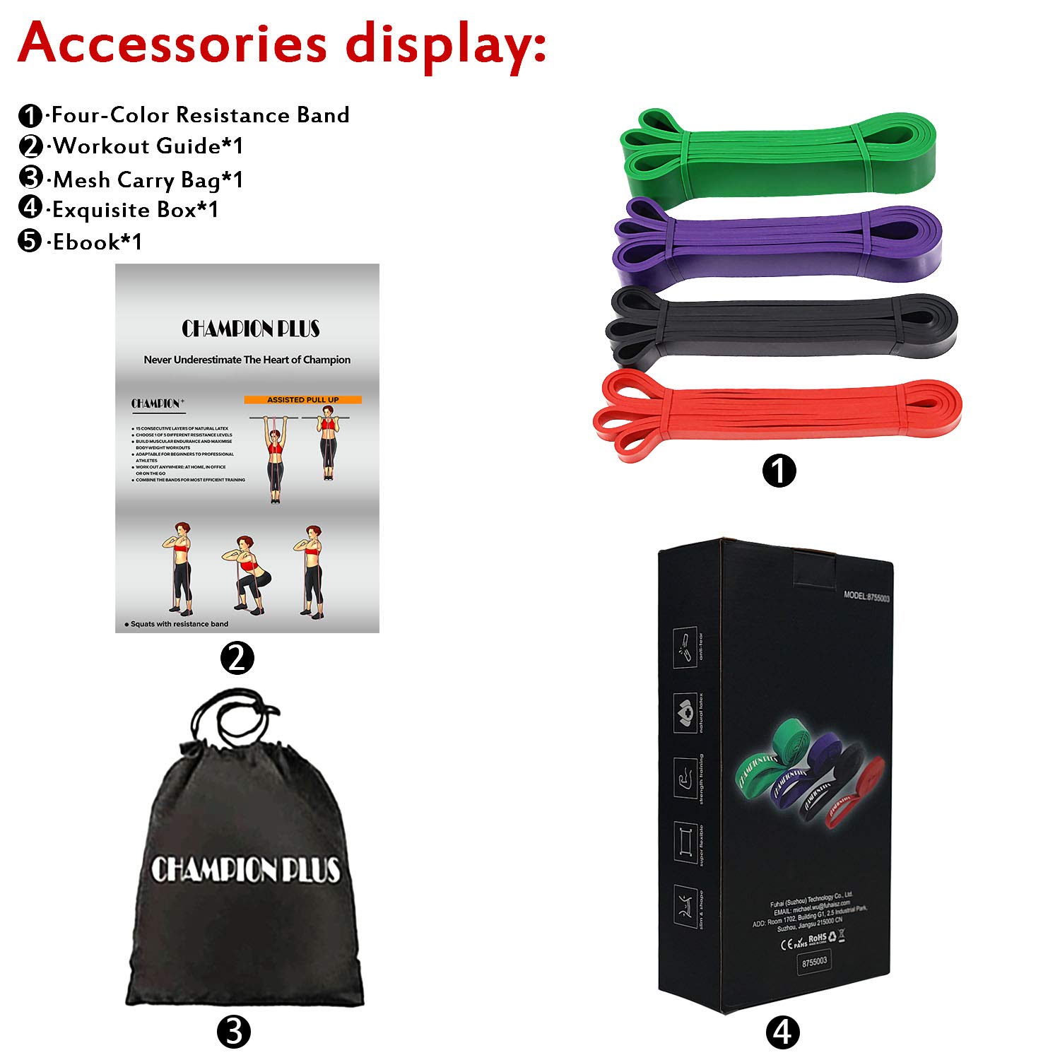 ChampionPlus Pull Up Assist Bands Set of 4 - Heavy Duty Resistance Bands Set Latex Mobility & Powerlifting Exercise Bands Perfect for Body Workout Stretching Training Weightlifting