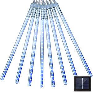Vmanoo LED Outdoor Lights 8 Tube Meteor Shower Rain Lights Solar Powered Icicle Raindrop Snow Falling Lights Cascading Lighting for Garden Outdoor Patio Holiday Party Halloween Decoration (Blue)