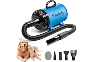 BLANLODY Dog Hair Dryer,5.2HP/ 3800W High Velocity Blow Dryer for Dogs Pet Grooming,Low Noise Speed Temperature Adjustable Pet Grooming Dryer with 4 Nozzles,Blue