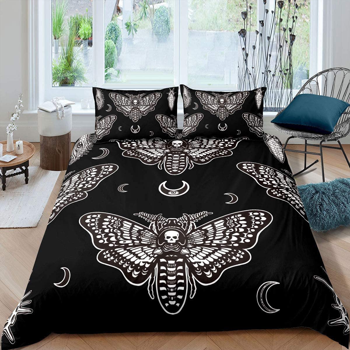 Boys Boho Moth Duvet Cover King Size Men Gothic Skull Bedding Set for Girls Women Bohemian Moon Star Comforter Cover Personalized Moth Skull Skeleton Bones Bedding & Linen 3Pcs