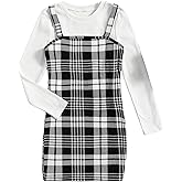 Milumia Girl's Two Piece Outfit Plaid Spaghetti Strap Cami Dress and Top Tee Set
