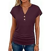 ANRABESS Womens Cap Sleeve Henley Shirts V Neck Ruched Side Top 2026 Summer Dressy Work Blouse Business Casual Outfits