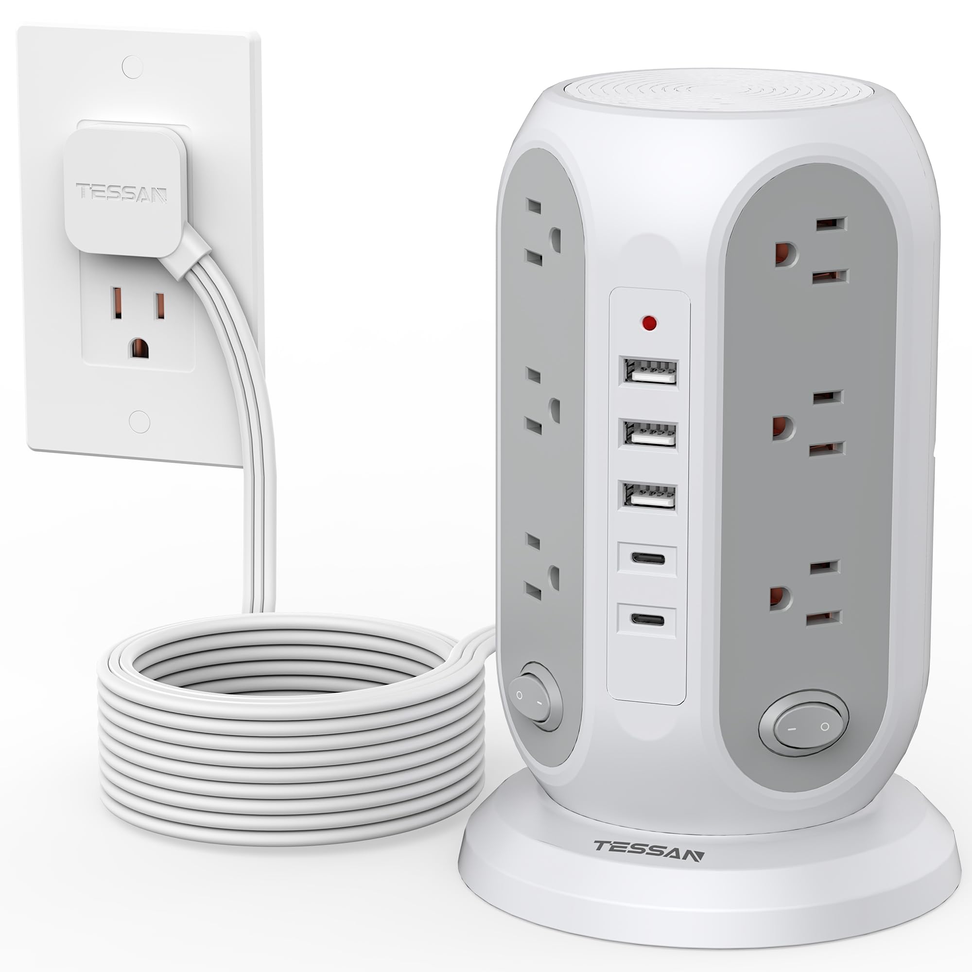 TESSAN Tower Power Strip Surge Protector, Flat Extension Cord 15 Ft, Grey