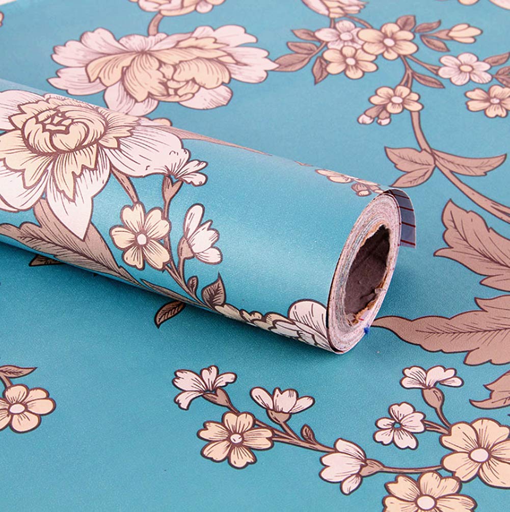 Vintage Blue Floral Paper Peel Stick Wallpaper Drawer Dresser Shelf Liner Sticker 17.7inch by 9.8ft