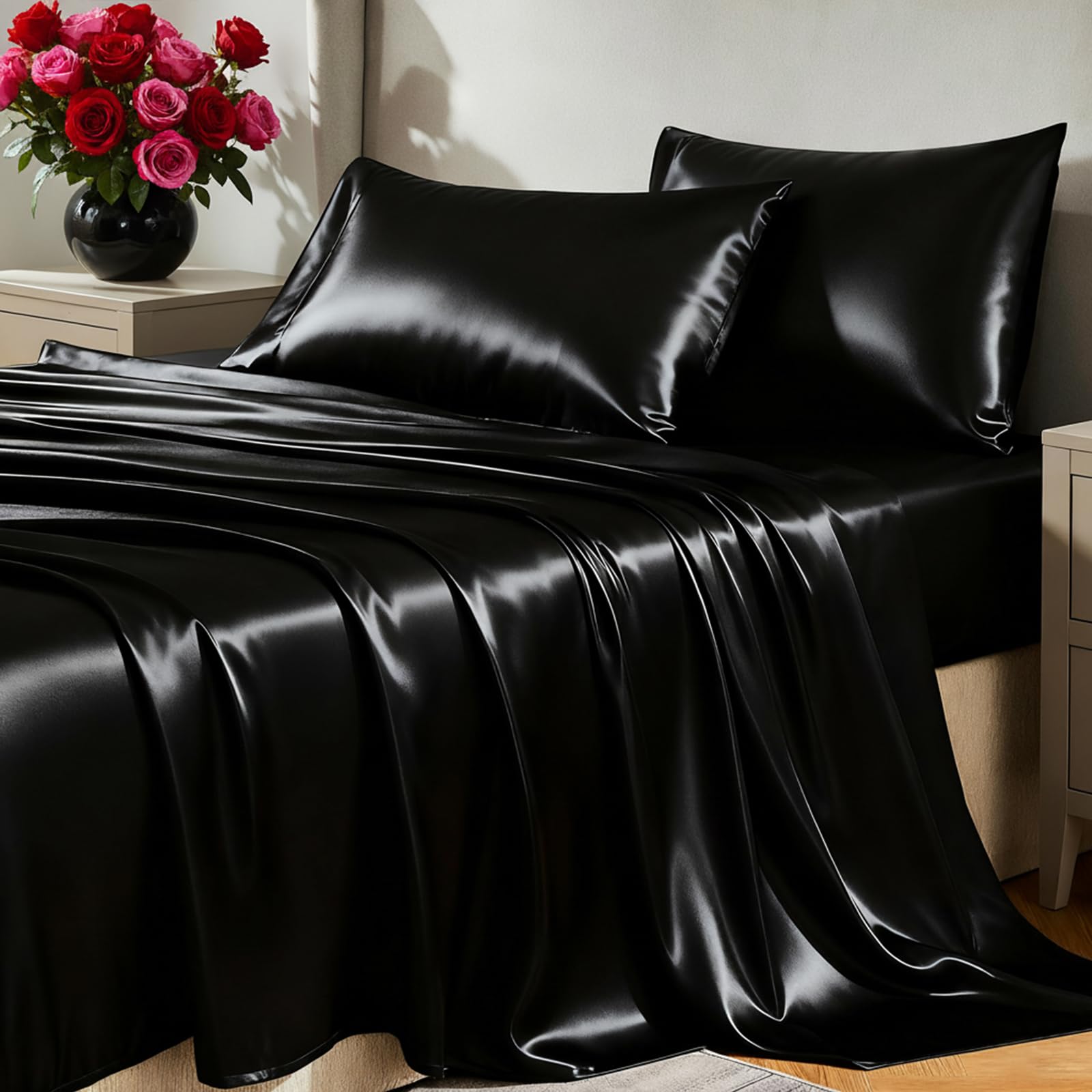 Photo 1 of CozyLux Satin Sheets Queen Size Bed Set - 4 Piece Silky Queen Sheet Set, Luxury Black Queen Sheets with Smooth and Soft Microfiber, Includes 1 Fitted Sheet, 1 Flat Sheet and 2 Pillowcases