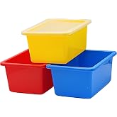 4E's Novelty Plastic Storage Bins with Lids, 5 Qt, 3 Pack, Colorful Plastic Cubby Storage Bins, Stackable Organizer Cubbies for Classroom Organization and Storage or Home (11.4" x 7.75" x 5")