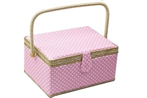 FLRHSJX Large Wooden Sewing Basket With Accessories - Organizer Box for Supplies and DIY Crafting Tools Storage, Kit for Mending, Polka Dots (Pink)