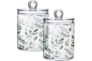 FUGIDOG Sage Green Qtip Holder Dispenser 2 PCS Plastic Bathroom Canister Apothecary Jars with Lid 14 oz Vanity Makeup Storage