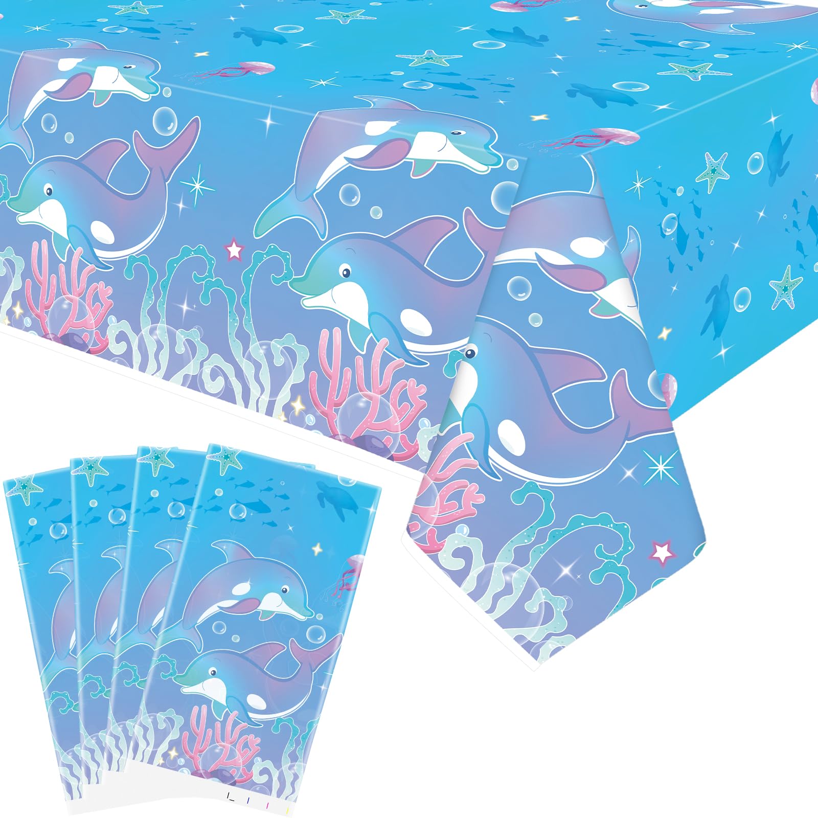 Photo 1 of Ywediim 4-Pack Dolphin Party Tablecloths, Blue Ocean-Themed Rectangular Table Covers, 54 x 86 Inch, Plastic PE Material, Perfect for Kids' Birthdays, Baby Showers, Ocean Theme Parties
