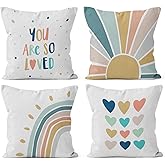 HIWX Boho Rainbow Pillow Cover, You are So Loved Decorative Throw Pillow Cover, Classroom Pillows, Sunshine Rainbow Sun for Classroom Nursery Room Decor Set of 4 Pillowcase 18 x 18
