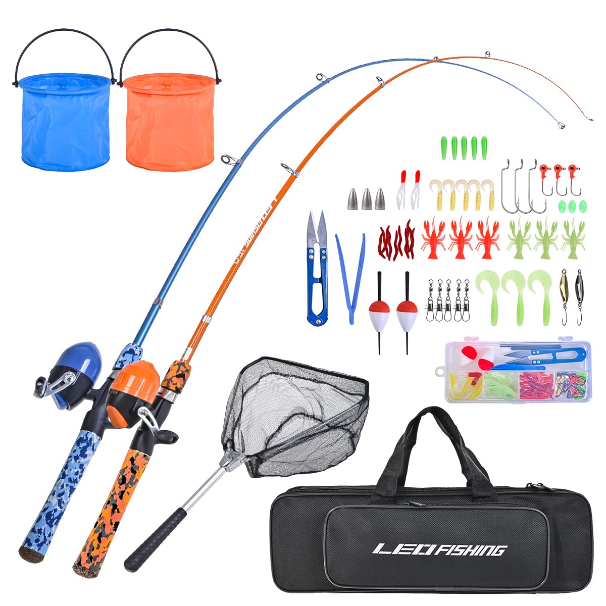 LEOFISHING Kids Fishing Pole Set with Full Starter Kits Portable Telescopic Fishing Rod and Spincast Reel with a Fishing Net and Bucket for Boys Girls and Youth (Blue+Orang)