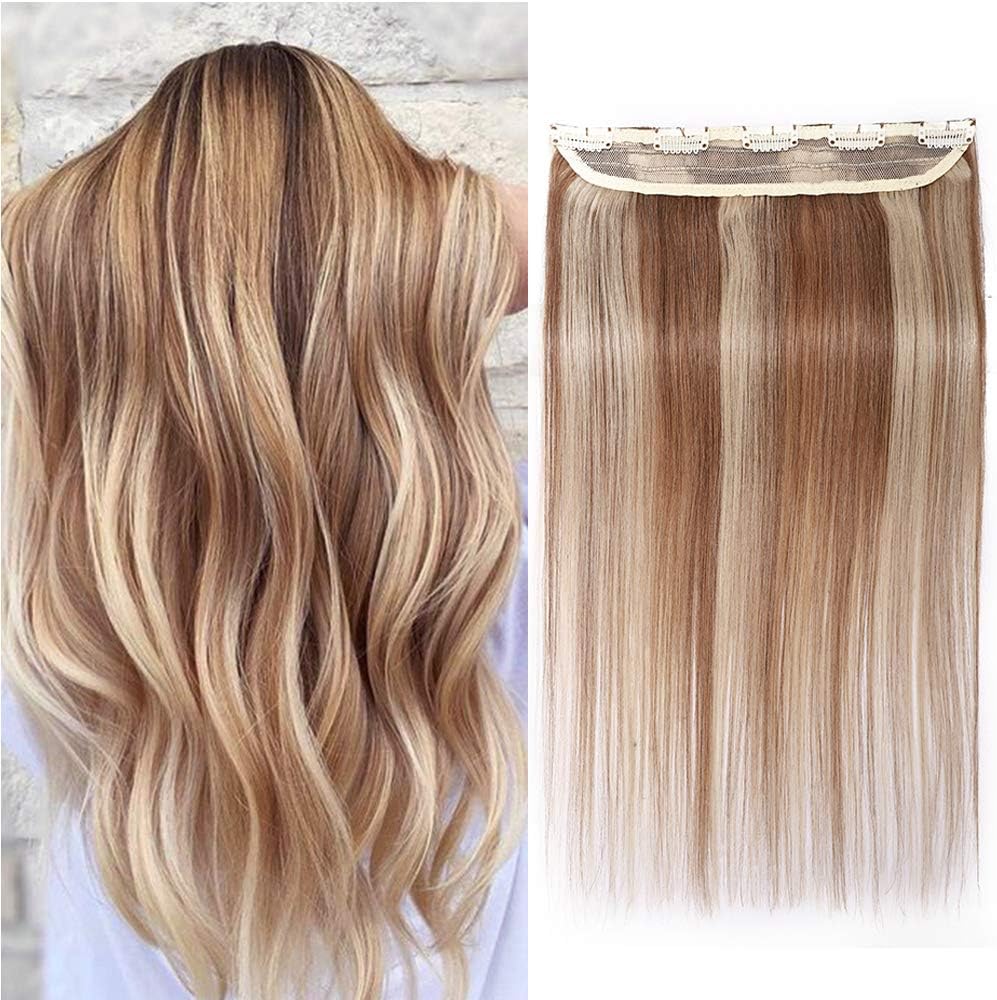 Silk-co One Piece Clip on Hair Extensions Seamless Clip in Hair Extension Human Hair Highlighted 3/4 Half Head Real Remy (22 inches-55 grams