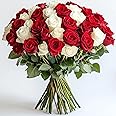 GlobalRose 50 Fresh Cut Red & White Roses - 25 Red & 25 White - Fresh Flowers Bouquet - Stunning Bouquet for Anniversary, Birthday, Mother's Day or Home Decor - Flowers Delivery Gift