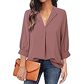 Unixseque Women's Casual Chiffon V Neck 3/4 Sleeve Business Tops Loose Work Blouses