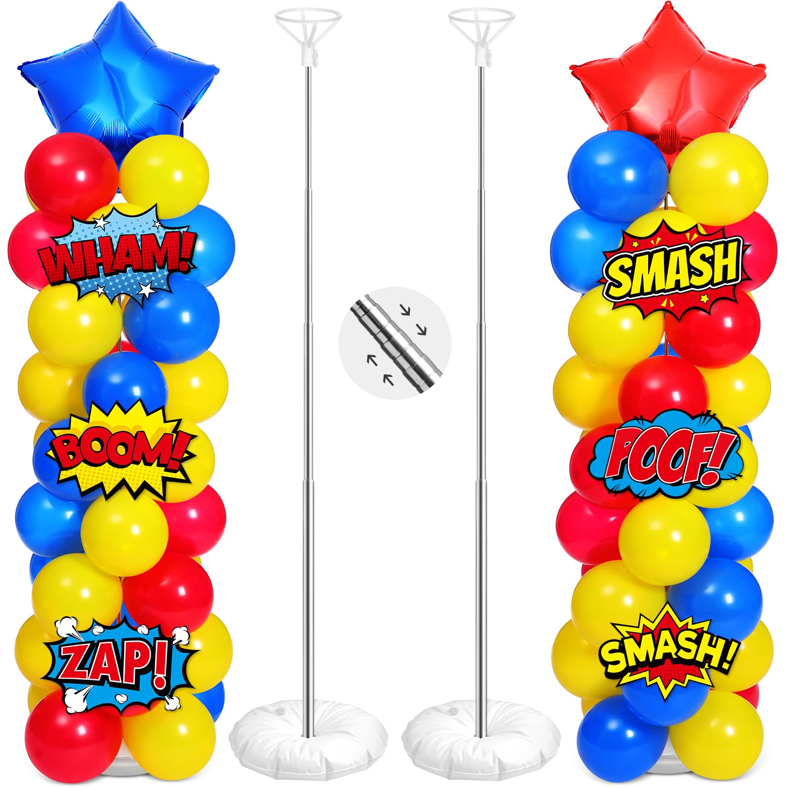 Photo 1 of Realspring 2 Set Hero Themed Party Decorations Adjustable Red Yellow Blue Balloon Column Stand Kit 6 Pcs Jumbo Hero Cards 148 Pcs Fun Balloons for Birthday Baby Shower Party Door Supplies