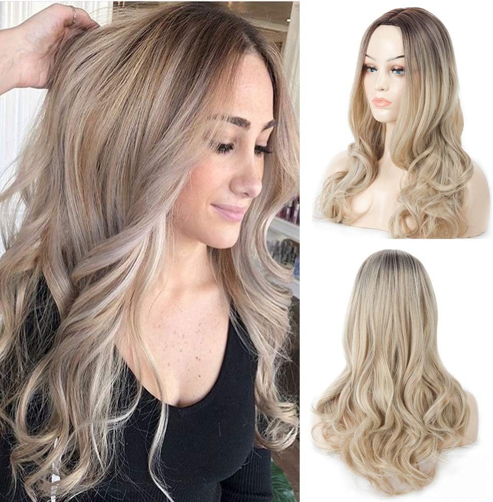 HRClever Blond Long Curly Wavy Wigs, Middle Part Synthetic Wigs for Women, Fashion Ash Brown Platinum Blonde Mixed Color Cosplay Party Daily Hair Wig, Daily Cosplay Party Wigs
