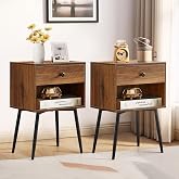 VECELO Nightstands Set of 2, Mid Century Modern End Bedside Table, Night Stand with Storage Drawer and 2 Tiers Open Shelf for