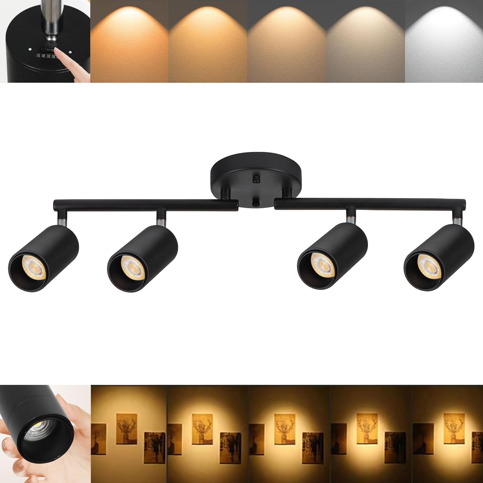 Photo 1 of Ajbvp 5Color LED Track Lighting Kit 4 Lights Dimmable 48W Track Light,Zoomable15°/24°/36°/45°/60°-2700K/3000K/3500K4000K/5000K,Track Lighting for Accent Task Kitchen,Lumen 4800 (Black)
